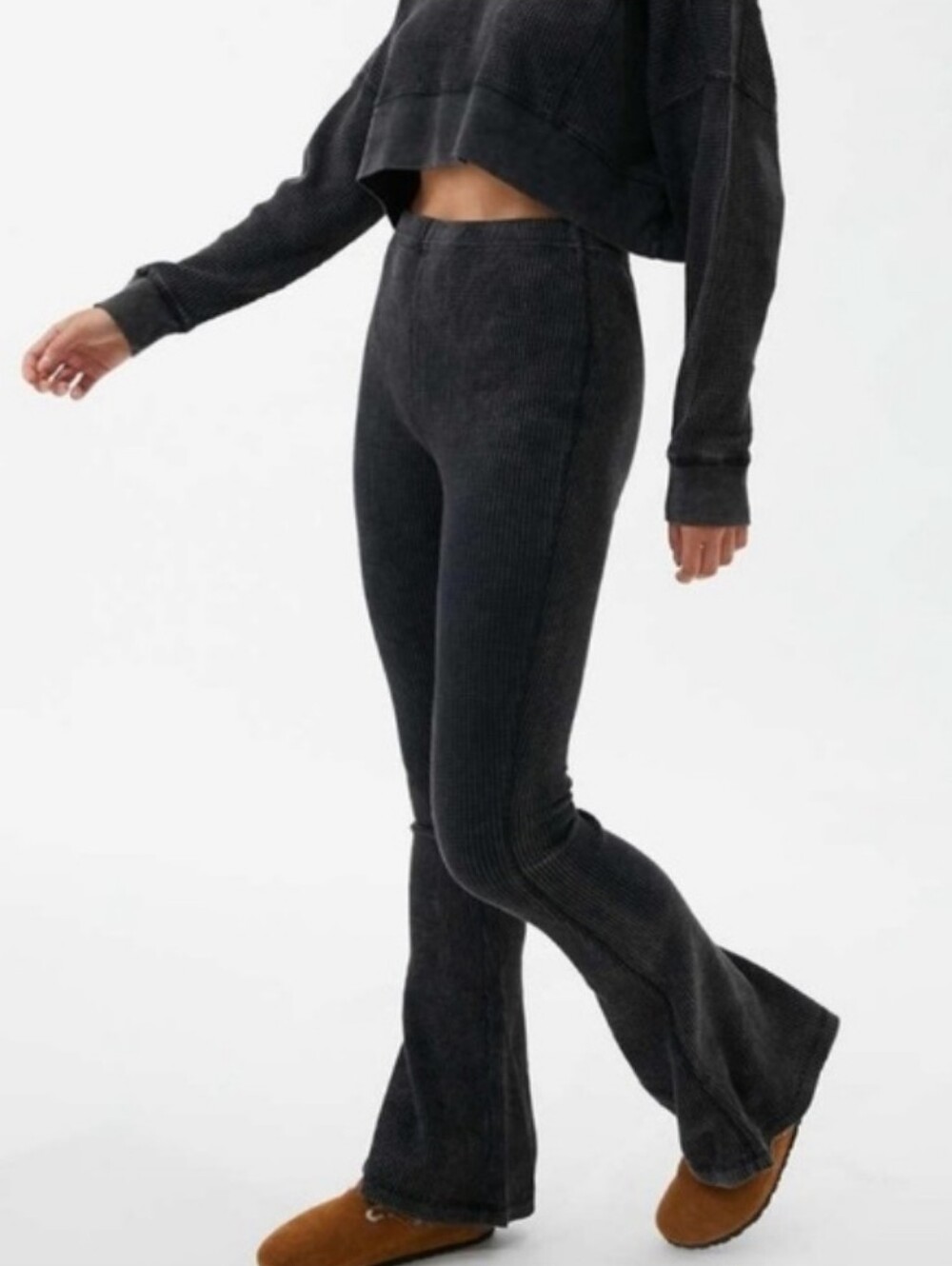 Out From Under Felicity‎ Waffle Knit Flare Pants Dark Gray Black Womens Size S